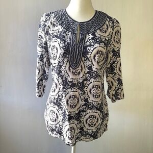 Carole Little Paisley Print Top 3/4‎ Sleeve Round Neck Ladies Size S Linen Blend